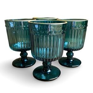 Set of 8 🌲Holiday MCM Green Water Goblets | Wine Glasses Bar Glasses Gold Ribbed